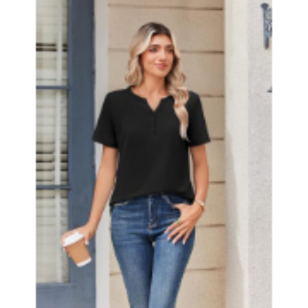 Polyester Spandex Short Sleeve Henley Neck Blouse Casual Dressy Top - Picture 2 of 7